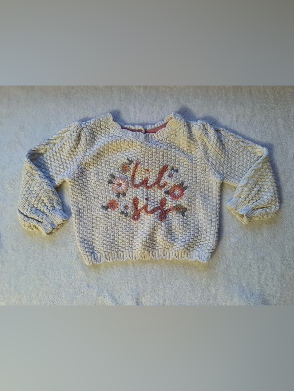 Max Studio Cream Knit Crewneck Sweater with Pink Floral Embroidery